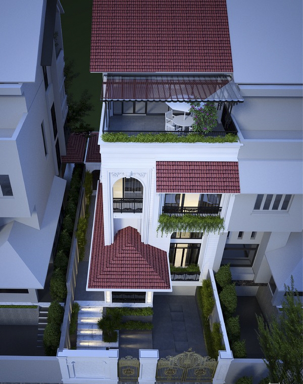 Phối cảnh trên cao biệt thự phố 4 tầng